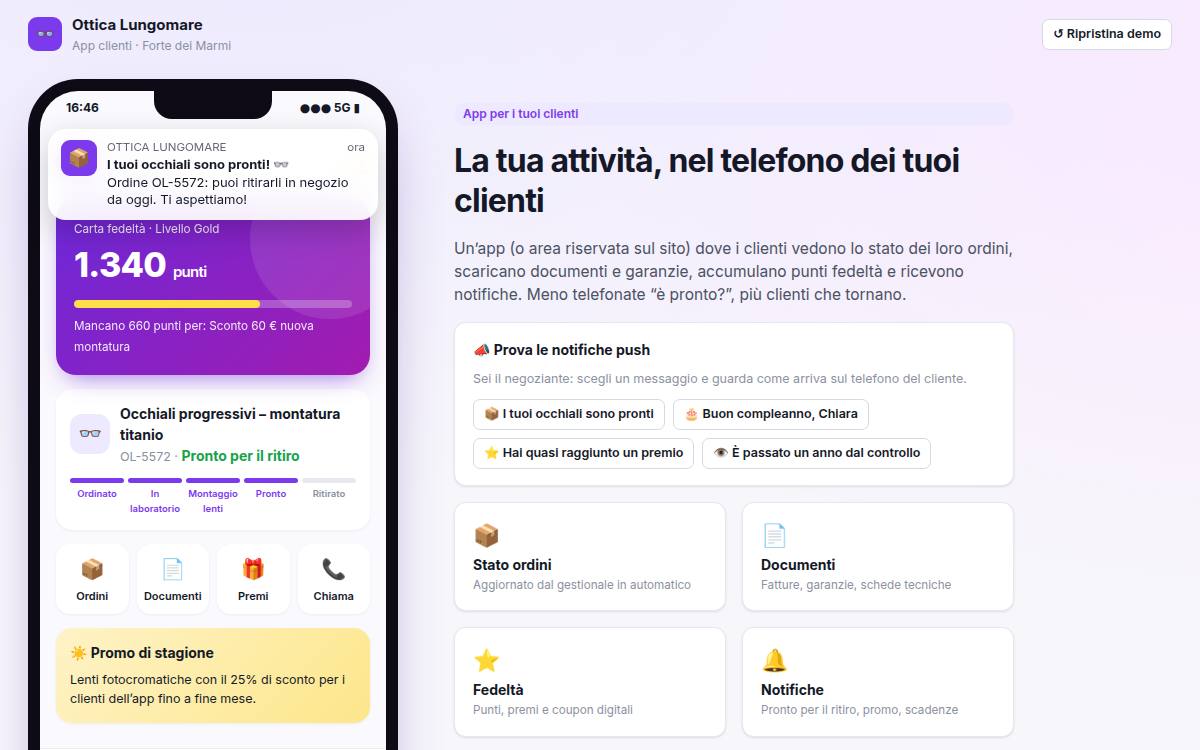 Anteprima della demo app clienti: smartphone con carta fedeltà e stato ordine
