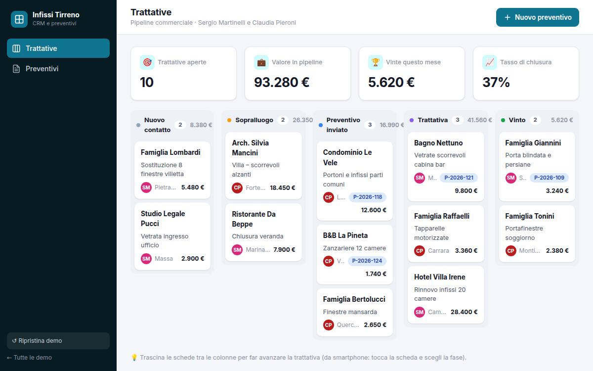 Anteprima della demo CRM: pipeline trattative a colonne